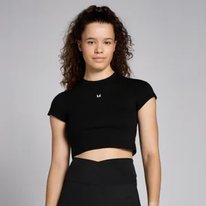 MP Damen Basics Körperbetontes Kurzarm-Crop-T-Shirt – Schwarz - Size XL