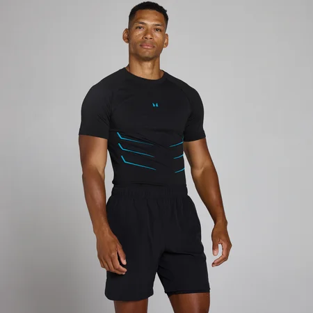 Lift Muscle Fit Nahtloses T-Shirt - Vintage-Schwarz/Power Blue