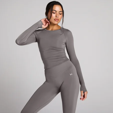 MP Damen Tempo Transparentes Langarmshirt mit Raffung – Dark Truffle