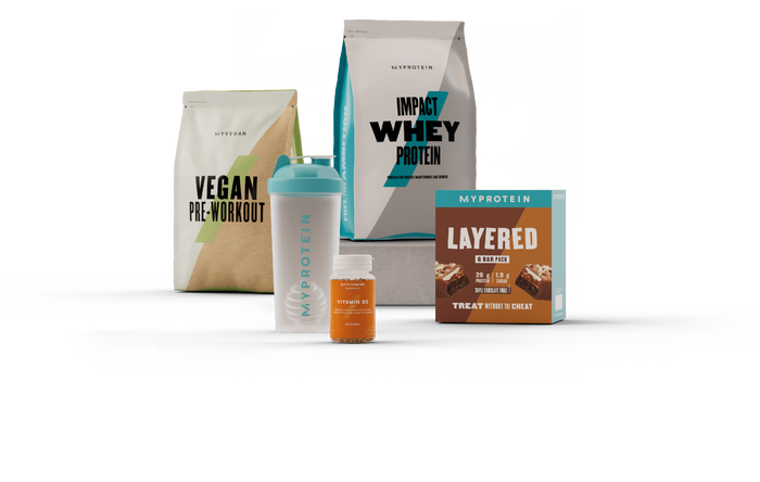 A mixture of protein products from Myprotein and Myvegan to build muscle.